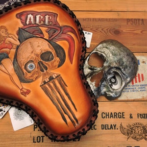 Custom Motorcycle Bobber Seat - Unique Tooled Leather Motorcycle Bobber Seat With Pin Up And Ace Of Spades