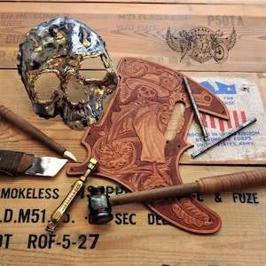 Custom Pickguard for Telecaster - Western Unique Leather Telecaster Pickguard With Carved Skeleton Cowboy And Sheridan Flowers
