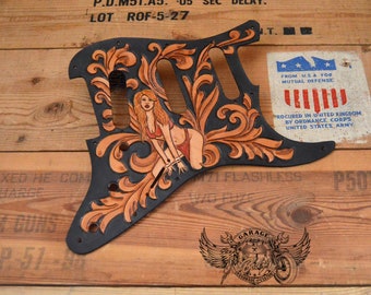 Custom Pickguard for Stratocaster - Leather Unique Stratocaster Pickguard With Carved Girl And Floral Design In Black and Tan