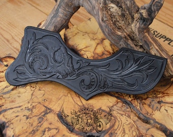 Custom Acoustic Guitar Pickguard For Gibson J200 - Black Leather Gibson J200 Pickguard With Tooled Skull And Floral Design