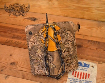 Carved Biker Leather Wallet for Men / Wallet With Chain / Leather Wallet for Men / Carved Wallet / Long Bifold Mens Wallet