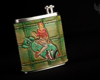 Carved Leather Flask Cover With Stainless Steel Flask / Gift For Hunters