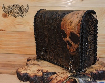 Custom Motorcycle Swingarm Bag - Unique Steampunk Leather Motorcycle Swingarm Bag With Tooled Skull On Steampunk Background