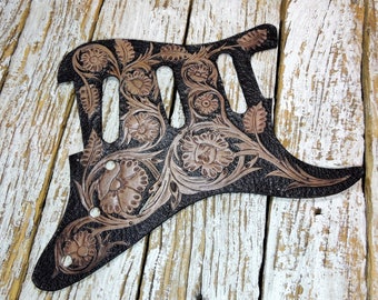 Custom Pickguard for Stratocaster - Leather Black Unique Stratocaster Pickguard With Carved Floral Design And Antique Finish