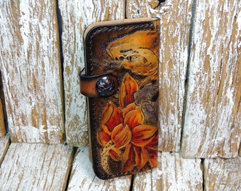 Carved Biker Leather Wallet for Men / Wallet With Chain / Leather Wallet for Men / Carved Wallet / Long Bifold Mens Wallet