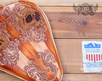 Custom Motorcycle Bobber Seat - Unique Filigree Tooled Leather Motorcycle Bobber Seat With Tooled Skulls and Filigree Design
