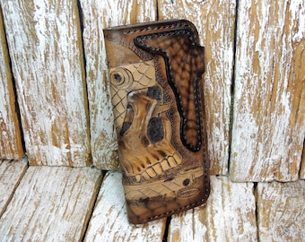 Carved Biker Leather Wallet for Men / Wallet With Chain / Leather Wallet for Men / Carved Wallet / Long Bifold Mens Wallet