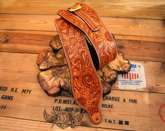 Custom Guitar Strap - Adjustable Leather Personalized Guitar Strap With Padding - Tan With Tooled Sunflowers For Electric Or Acoustic Guitar