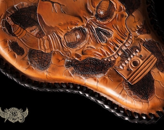 Custom Motorcycle Bobber Seat - Brown And Black Unique Tooled Leather Motorcycle Bobber Seat With Skull And Piston