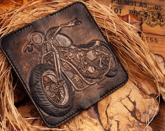Carved Biker Leather Chain Wallet for  Men    / Bifold Wallet /  Long Leather Wallet