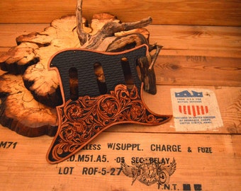 Custom Pickguard for Stratocaster - Leather Unique Stratocaster Pickguard With Carved Floral Design On Basketweave Background