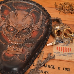 Custom Motorcycle Bobber Seat - Black And Red Unique Tooled Leather Motorcycle Bobber Seat With Skull And Piston