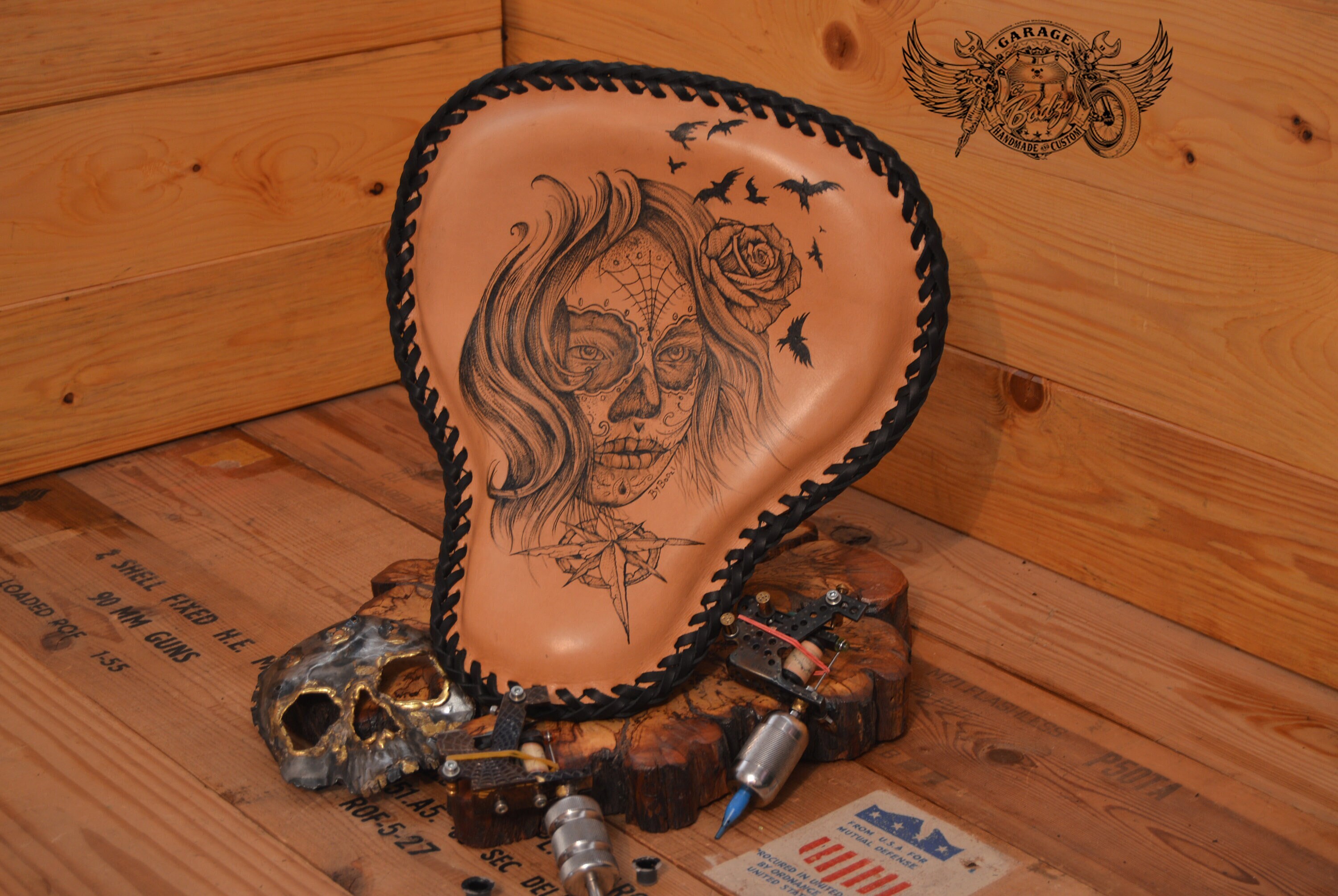 Custom Motorcycle Bobber Seat - Unique Tattooed Leather Motorcycle Bobber Seat With Tattooed Sugar Skull and a Rose