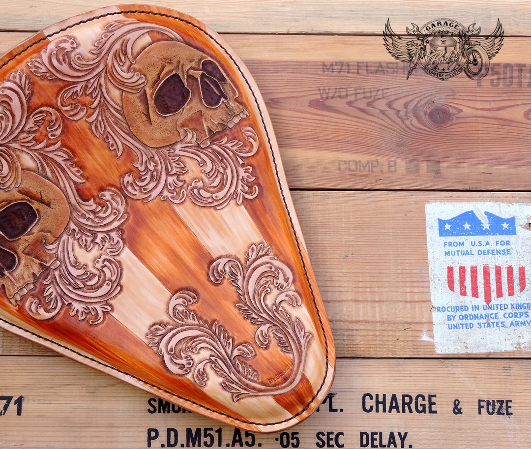 Custom Motorcycle Bobber Seat Unique Filigree Tooled Leather Motorcycle Bobber Seat With Tooled Skulls and Filigree Design Etsy Canada