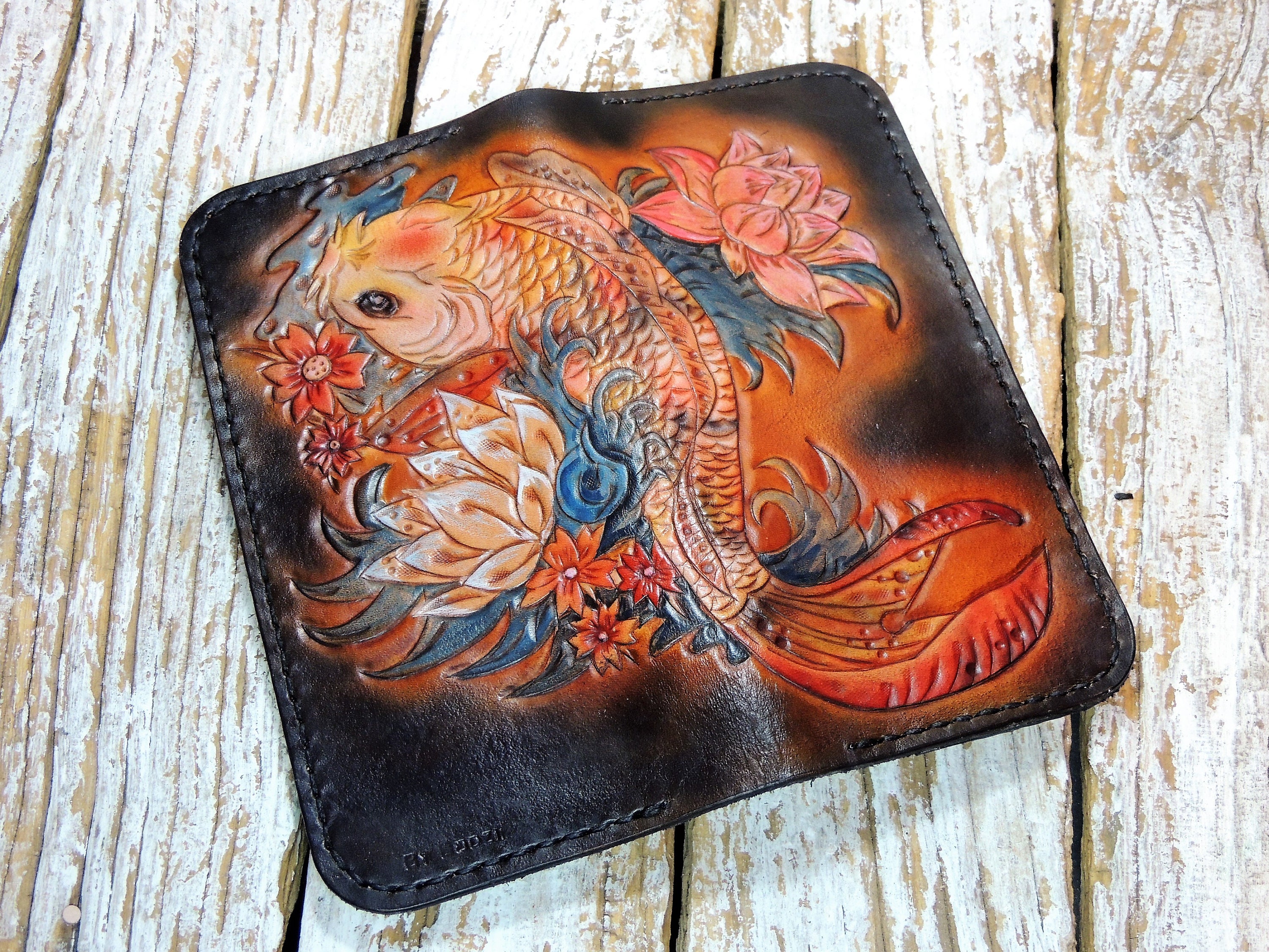 Carved Biker Leather Chain Wallet for Men / Koi Fish Wallet / Bifold ...