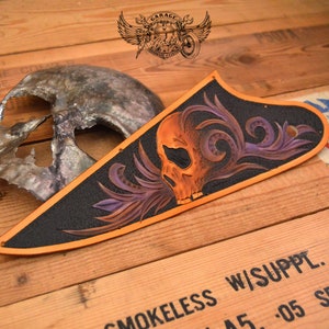 Custom Pickguard for Gibson Firebird - Black And Purple Unique Leather Les Paul Pickguard With Carved Skull And Purple Floral design