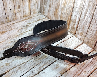 Adjustable Leather Guitar Strap With Pinstriping / Hand Tooled Guitar Strap / Carved Leather Strap / Acoustic and Electric Guitar Strap