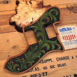 Custom Pickguard for Deluxe Telecaster - Floral Leather Telecaster Pickguard With Green Floral Carving And Decorative Stitching