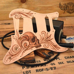 Custom Pickguard for Stratocaster - Burned Leather Unique Stratocaster Pickguard With Pyrography Done Skull And Floral Design