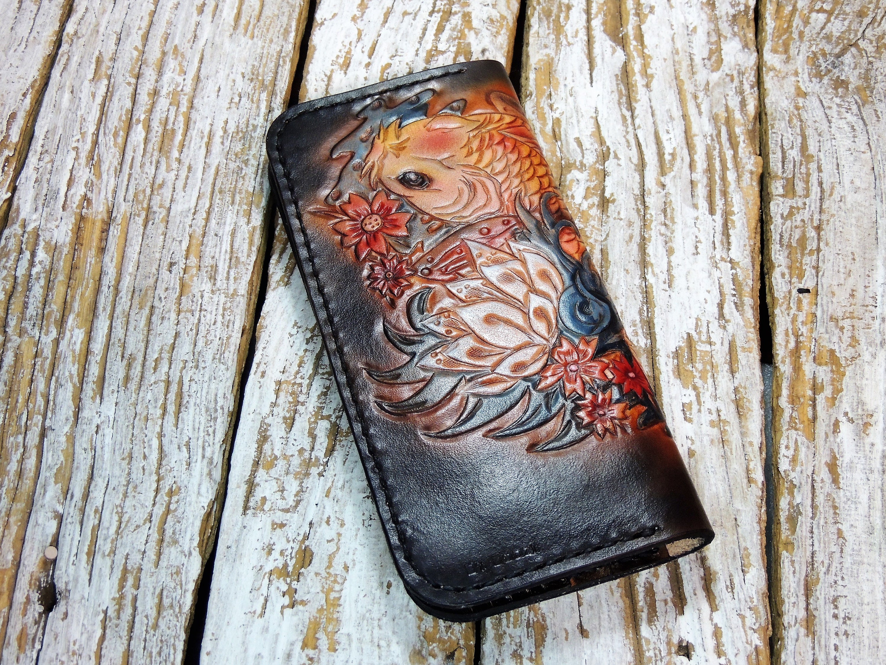 Carved Biker Leather Chain Wallet for Men / Koi Fish Wallet / Bifold ...