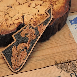 Custom Pickguard for Les Paul - Black and Brown Unique Leather Les Paul Pickguard With Carved Floral Design And Antique Finish