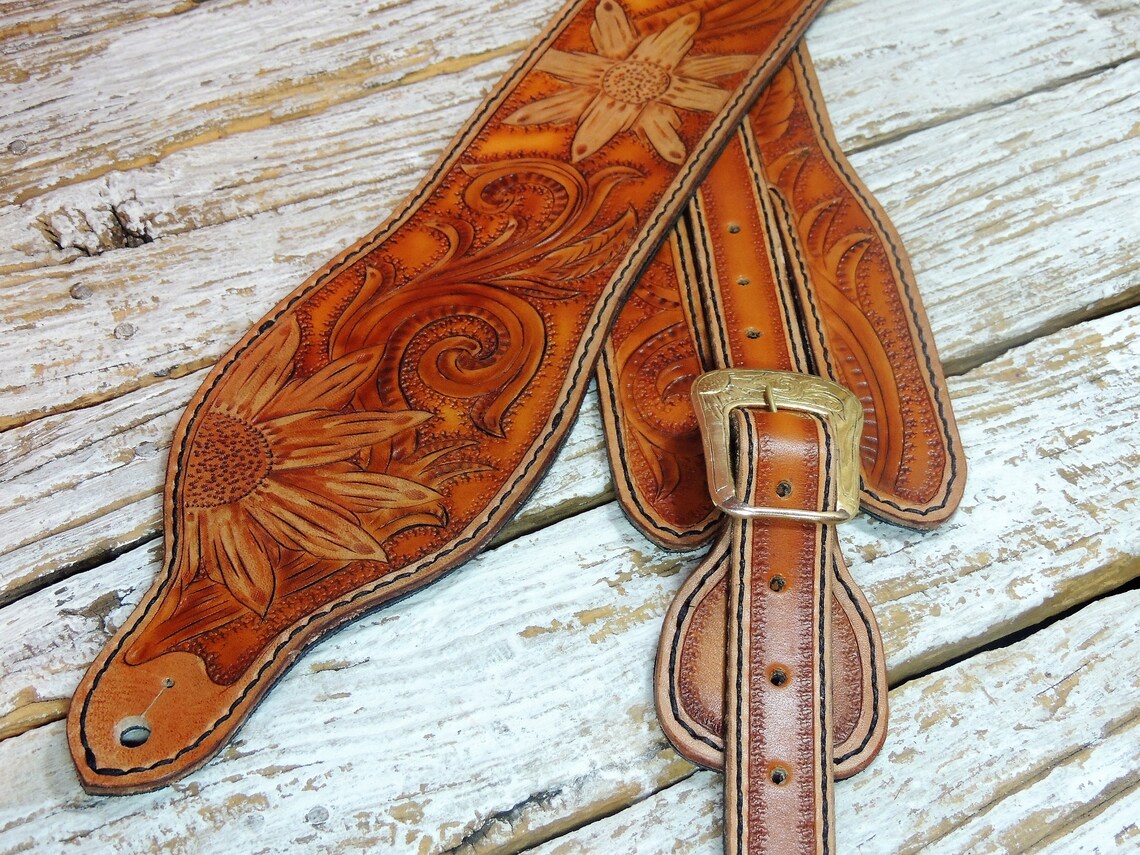 Adjustable Carved Leather Guitar Strap / Hand Tooled Guitar Etsy