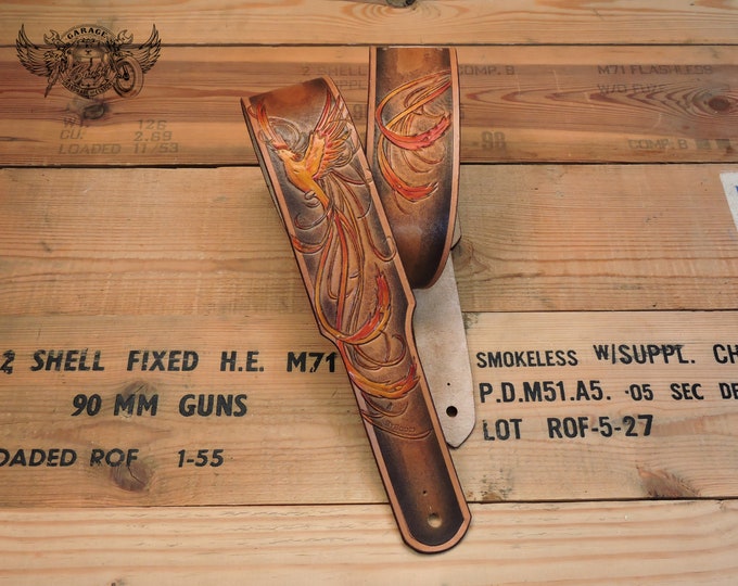 Custom Guitar Strap - Adjustable Leather Personalized Guitar Strap In Brown With Tooled Phoenix For Electric Or Acoustic Guitar