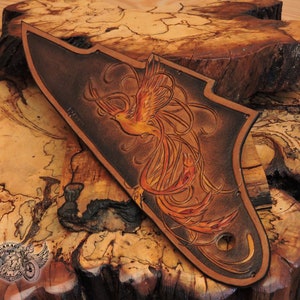 Custom Pickguard for Gibson Firebird Studio - Brown Unique Leather Les Paul Pickguard With Carved Phoenix In Yellow And Red