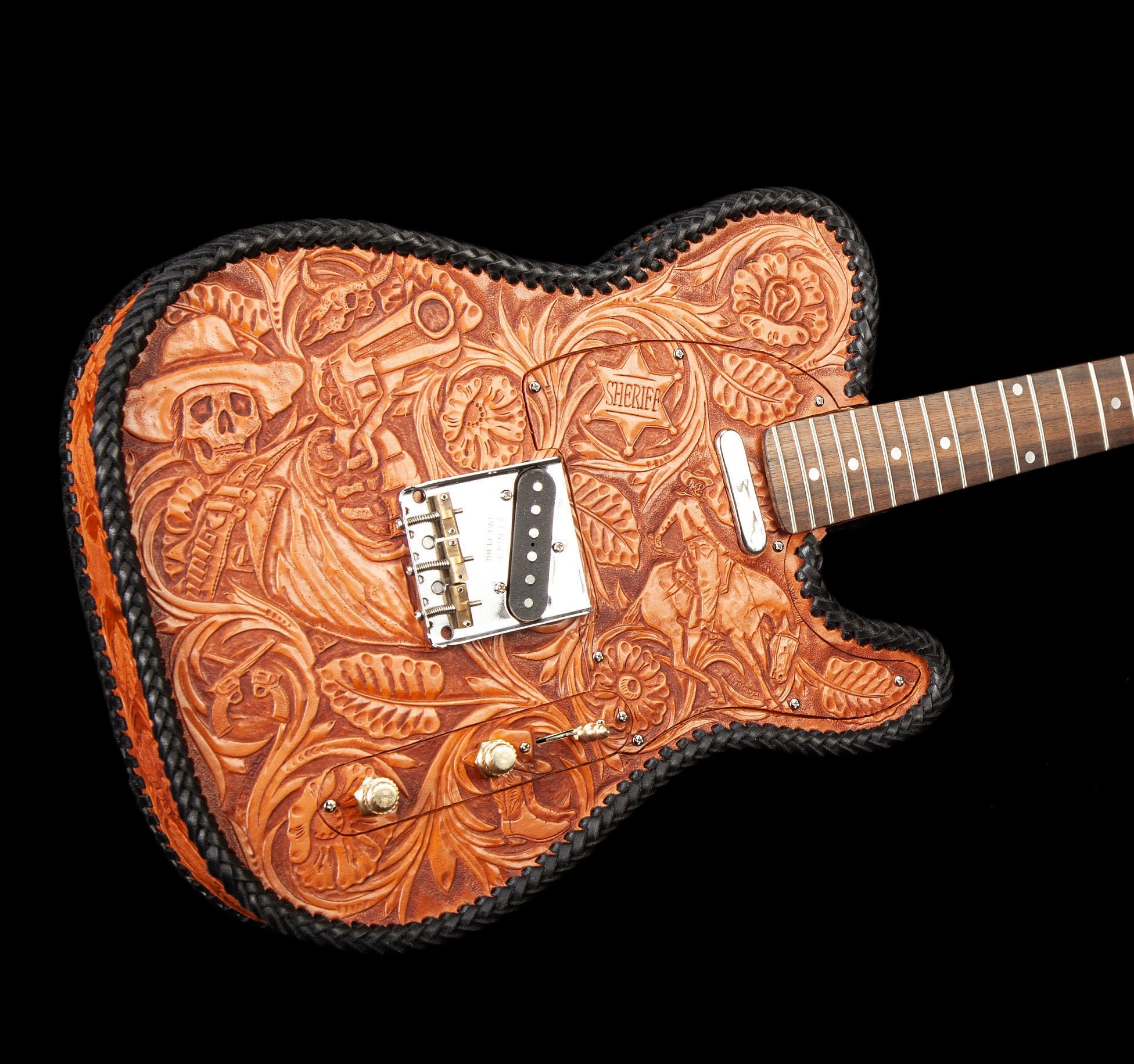 Carved Leather Bound Telecaster Guitar Body Handtooled Leather