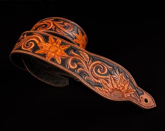 Custom Guitar Strap - Adjustable Leather Personalized Guitar Strap With Padding With Tooled Sunflowers For Electric Or Acoustic Guitar