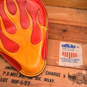 Custom Motorcycle Bobber Seat - Unique Old School Billy Bike Tooled Leather Motorcycle Bobber Seat With In Red and Yellow With Flames