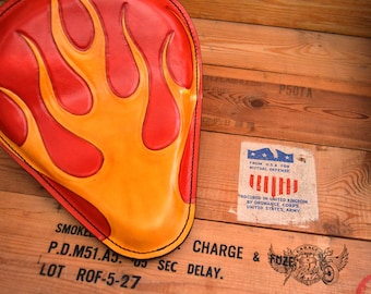 Custom Motorcycle Bobber Seat - Unique Old School Billy Bike Tooled Leather Motorcycle Bobber Seat With In Red and Yellow With Flames