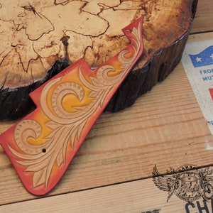 Custom Pickguard for Les Paul - Red And Yellow Unique Leather Les Paul Pickguard With Carved Floral Design And Sunburst Coloring