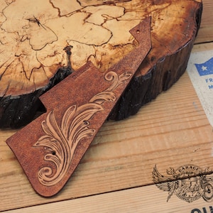 Custom Pickguard for Les Paul - Brown Unique Leather Les Paul Pickguard With Carved Filigree Design And Antique Finish