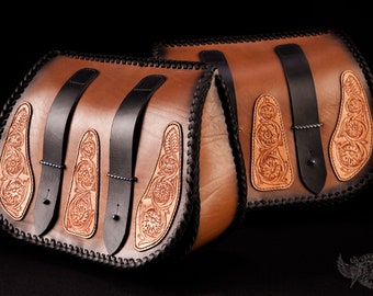 Custom Motorcycle Saddlebags - Unique Brown Hand Tooled Leather Motorcycle Saddlebags With Tooled Sheridan Flower Patches