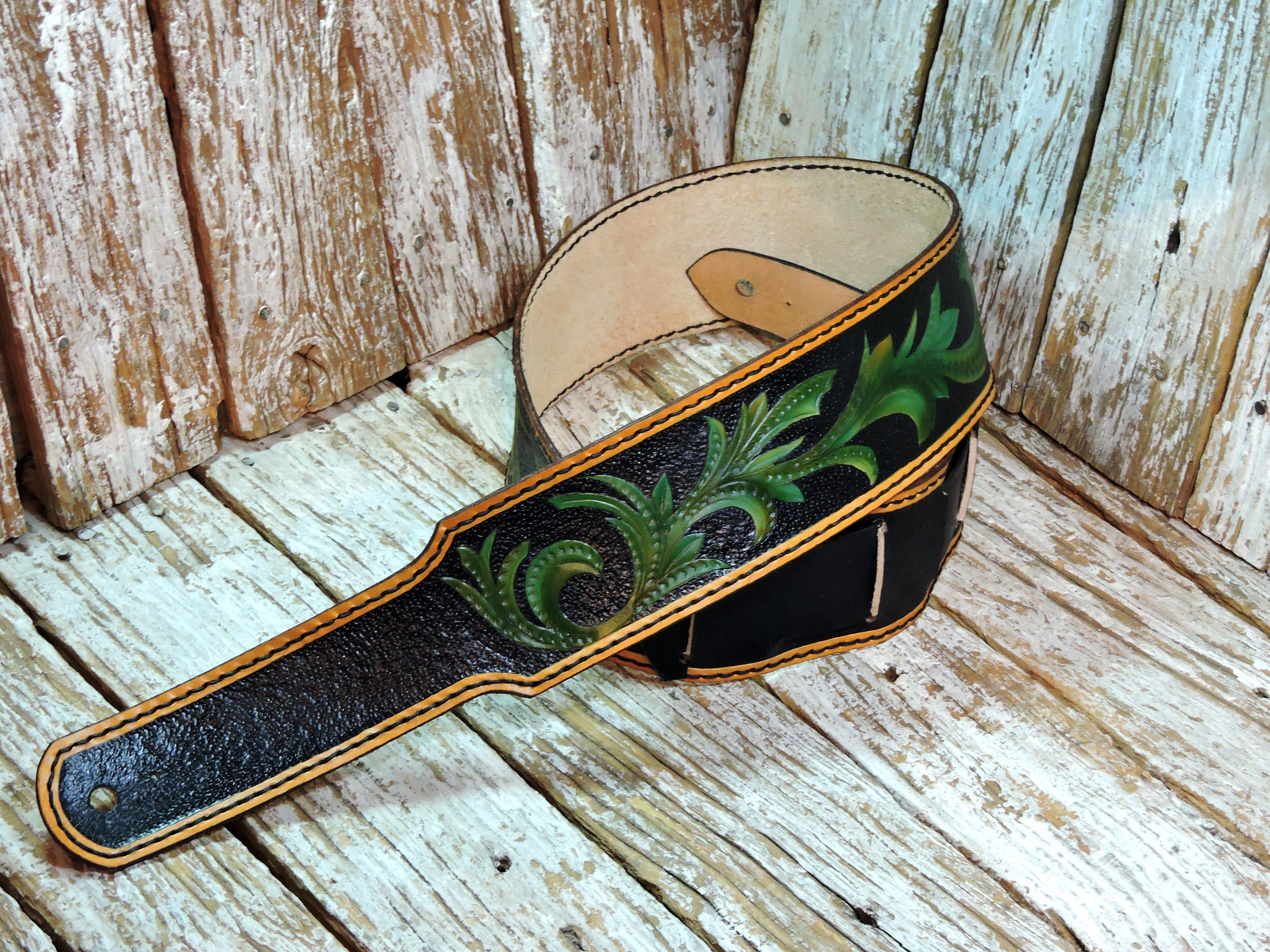 Adjustable Carved Leather Guitar Strap / Hand Tooled Guitar Etsy