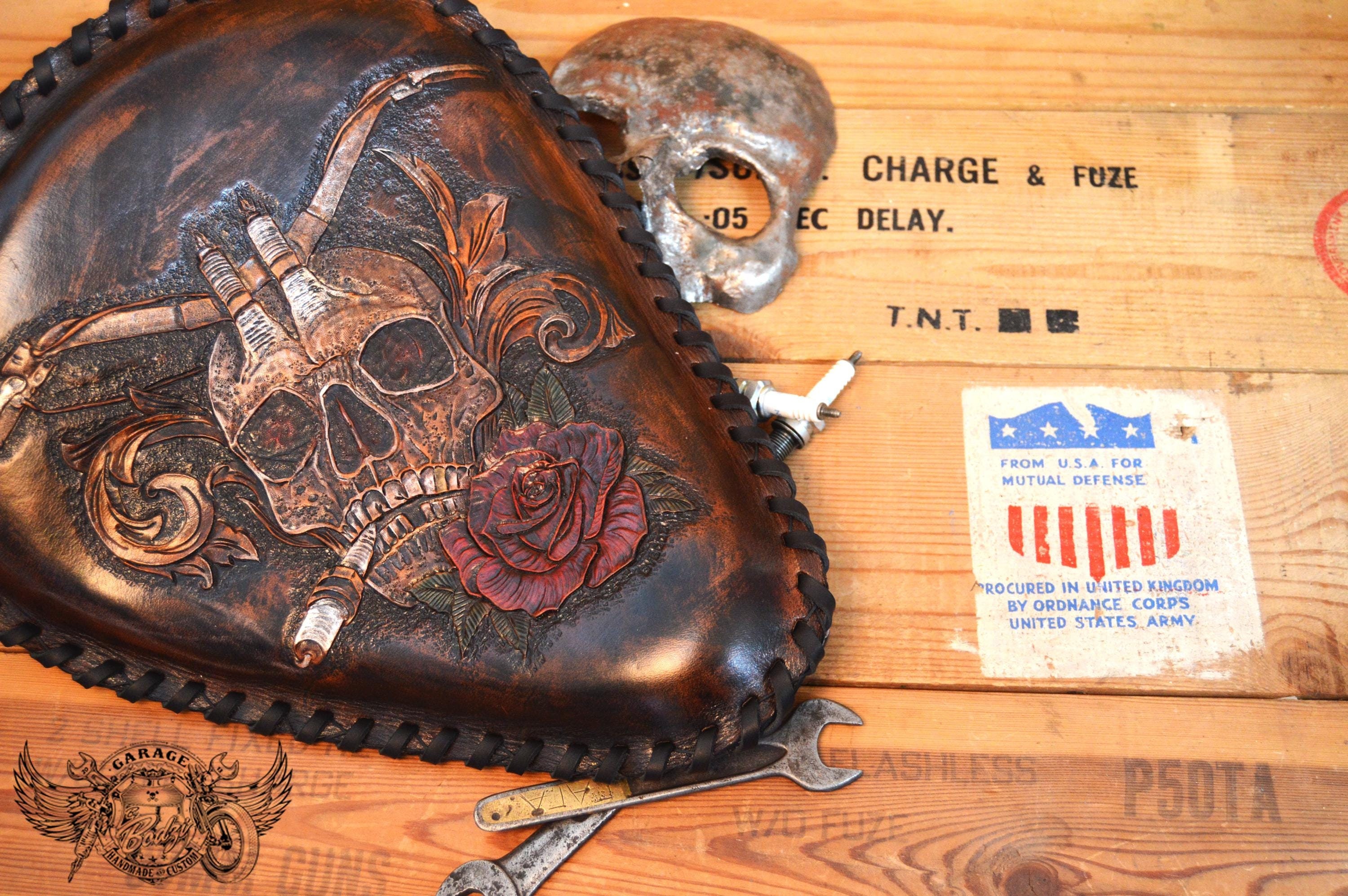 Custom Motorcycle Bobber Seat - Black And Brown Unique Tooled Leather Motorcycle Bobber Seat With Skull And Rose