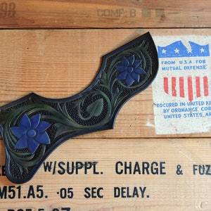 Custom Acoustic Guitar Pickguard For Gibson J200 - Green And Black Leather Gibson J200 Pickguard With Tooled Floral Design And Blue Flowers