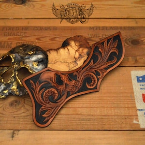 Custom Acoustic Guitar Pickguard For Gibson J200 - Black And Brown Leather Gibson J200 Pickguard With Tooled Skull And Floral Design