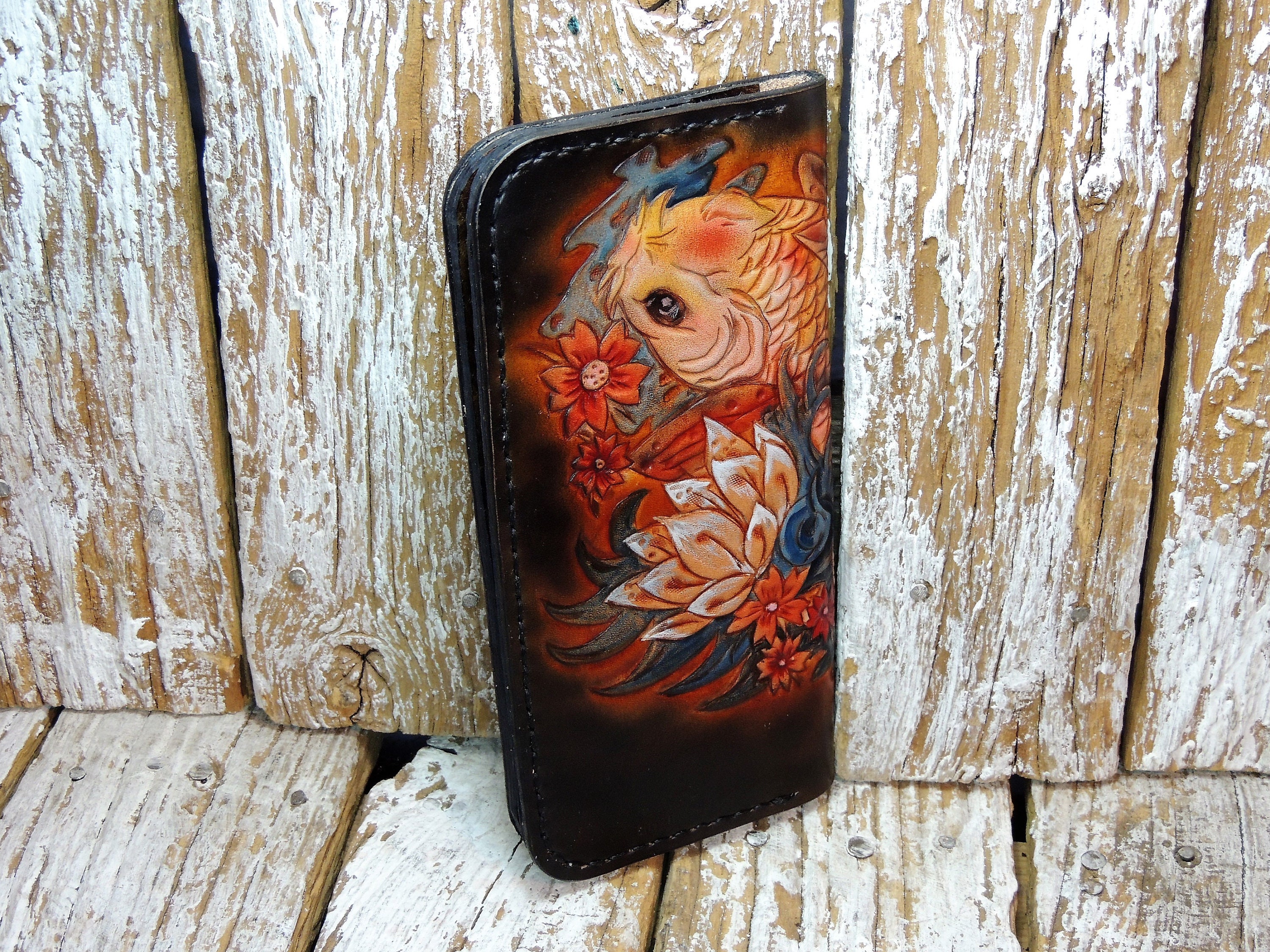 Carved Biker Leather Chain Wallet for Men / Koi Fish Wallet / Bifold ...