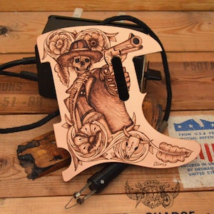 Custom Pickguard for Telecaster- Burned Leather Telecaster Pickguard With Pyrography Done Sheridan Flowers And Skeleton Cowboy