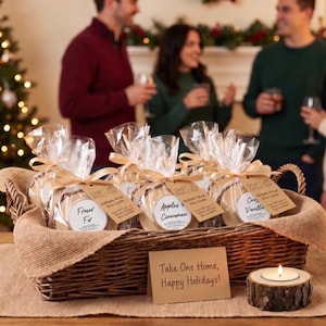 May include: A woven wicker basket filled with three round candles in clear plastic bags, each tied with a tan ribbon and a tag labeled Fraser Fir, Apples & Cinnamon, or Cozy Vanilla. A small sign reads Take One Home, Happy Holidays!
