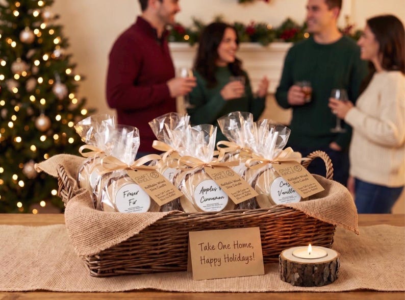 May include: A woven wicker basket filled with three round candles in clear plastic bags, each tied with a tan ribbon and a tag labeled Fraser Fir, Apples & Cinnamon, or Cozy Vanilla. A small sign reads Take One Home, Happy Holidays!