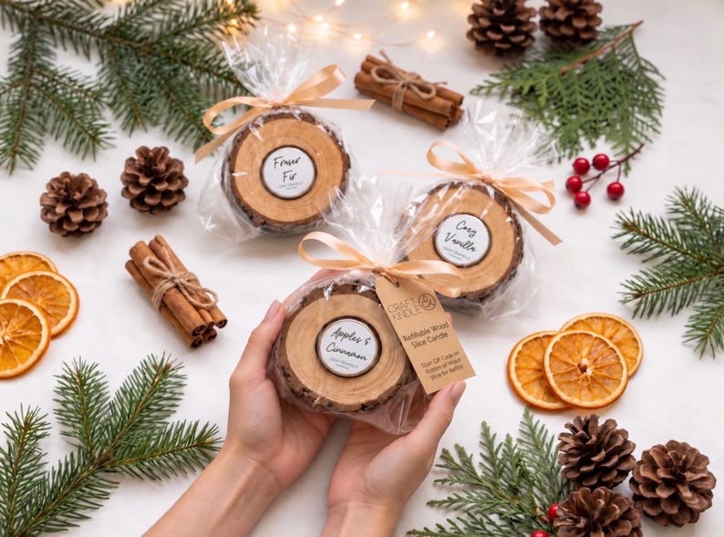May include: Three round wood slice candles wrapped in clear plastic with beige ribbons. The labels read Fraser Fir, Cozy Vanilla, and Apples & Cinnamon. A brown tag attached to the front candle reads Craft Kindle Refillable Wood Slice Candle.