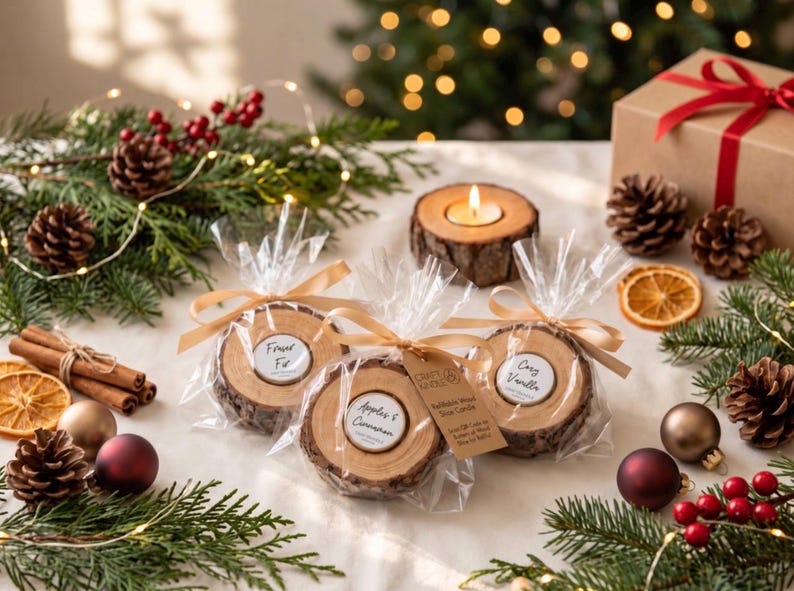 May include: Three round wood slice candles wrapped in clear plastic with beige ribbons. Labels read "Fraser Fir," "Apples & Cinnamon," and "Cosy Vanilla." A fourth wood slice candle is lit nearby. The candles feature natural bark edges and light-colored wood grain surfaces.