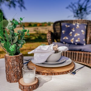 May include: Outdoor dining table setting with a white tablecloth, wooden chargers, and a centerpiece of greenery in a wood vase. Includes white plates, napkins, and a candle. A wicker chair with a bee-patterned pillow is in the background.