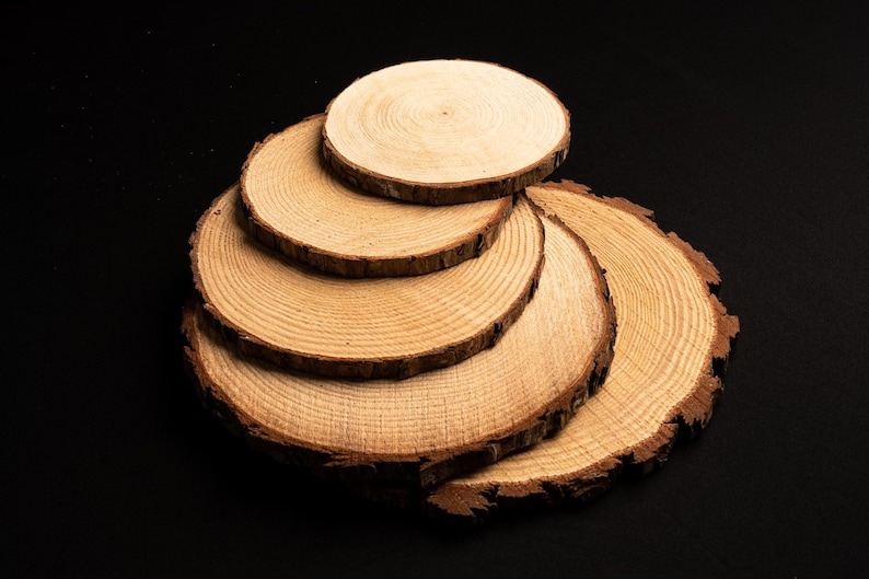 May include: A stack of six round wooden coasters with visible growth rings and natural bark edges. The coasters are arranged in a cascading pattern against a black background, showcasing their light brown color and rustic texture.