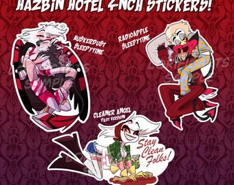 Puede incluir: Cuatro pegatinas de 10 cm de diámetro con personajes de la serie animada Hazbin Hotel. Las pegatinas muestran un demonio rojo y blanco con alas negras, un demonio rojo con un humano rubio con una camisa a rayas azules y amarillas, un demonio rojo con un humano rubio con una camisa a rayas azules y amarillas y un demonio blanco con cabello rosado que lleva una camisa verde y guantes amarillos.