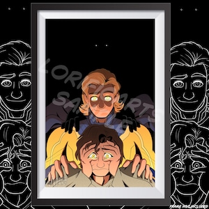 May include: Framed art print featuring a digital illustration of two figures with expressive faces. One figure is holding the other, with hands on the head. The artwork has a dark background and the text "LORI SARAH ARTS" is visible. "FRAME NOT INCLUDED" is also visible.