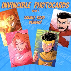 May include: Four rectangular Invincible photocards with double-sided designs. The cards feature illustrated characters in comic book style, including a hero in a yellow and blue suit, a character with a mustache, a red-clad hero, and a pink-clad figure.